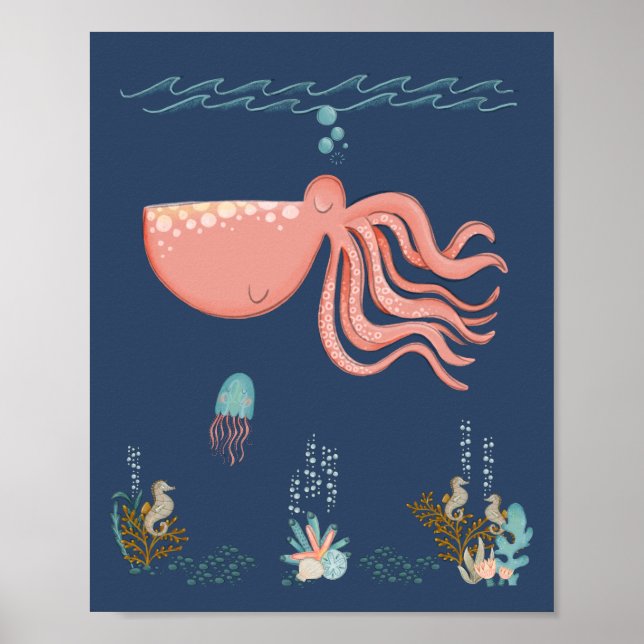 Sob o Mar Animais Octopus Nursery Poster (Frente)