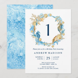 Sob o mar Convite de aniversário Dourado azul