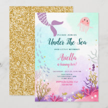Sob o Mar de Mermaid Birthday - Convite Roxo