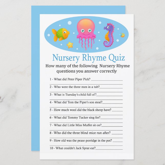 Sob o mar, jogo de chá de fraldas Rhyme Quiz (Frente/Verso)