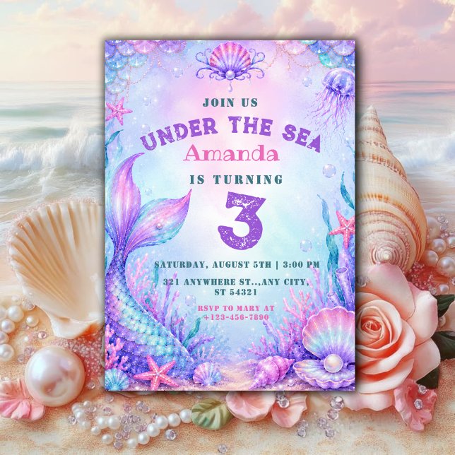 Sob o Mar | sereia pastel Convite de 3º aniversári (Criador carregado)