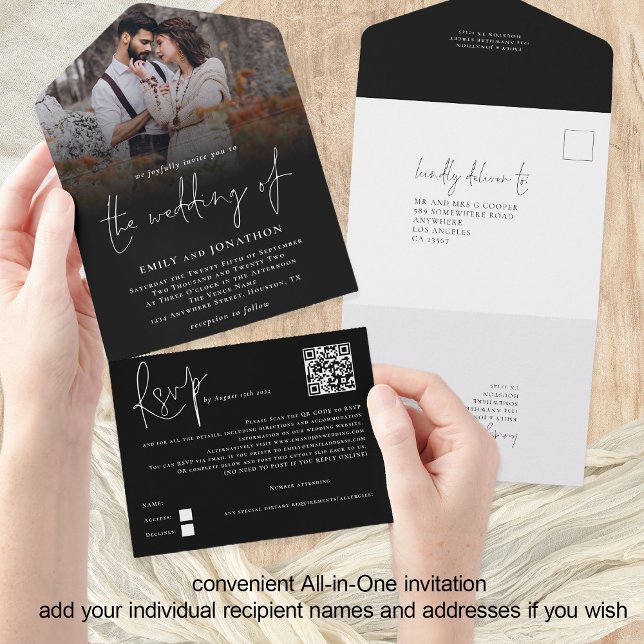 Sobreposição de Foto Moderna Script de Código QR P (All in one Wedding Invitation tear off rsvp or reply via QR code. Recipient Name & Address)