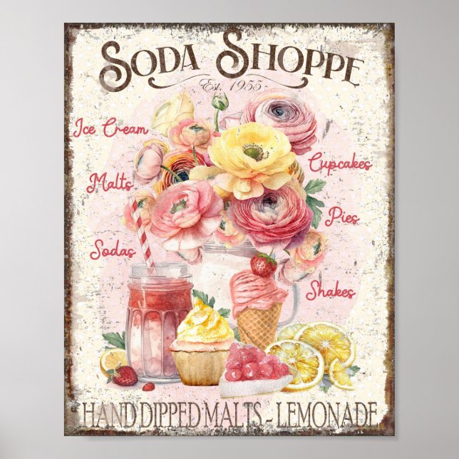 Soda Shoppe Poster Sorvete Florals Wall Art (Frente)