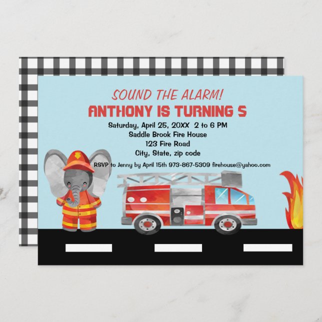Soe O Alarme! Convite de Aniversário do Bombeiro (Frente/Verso)
