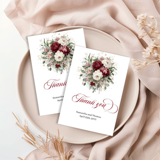 Sofisticada Flora Verde de Borgonha Agradecimento (Sophisticated Burgundy Floral Greenery Thank You Card)