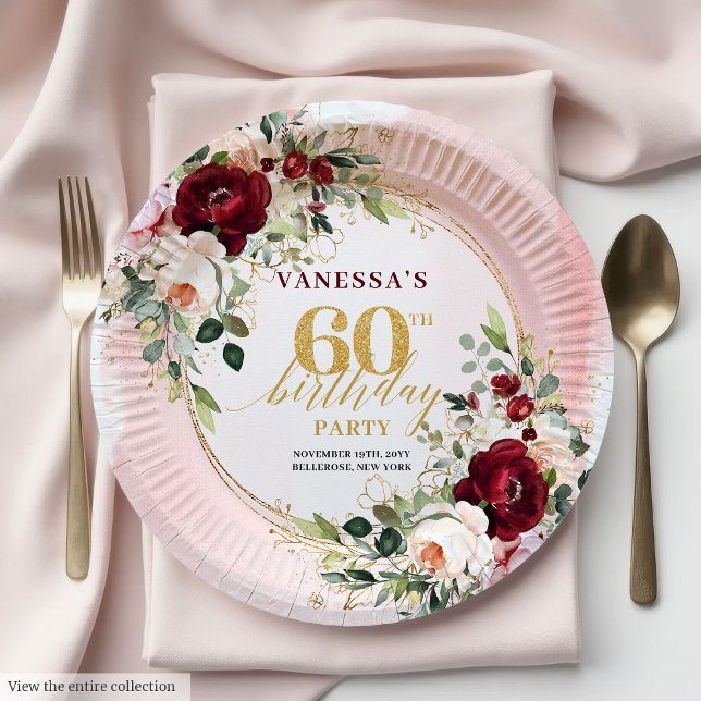 Sofisticados Pratos com Rosas em Tons de Marsala B (Sophisticated Boho Marsala Blush Gold Roses Plates

)