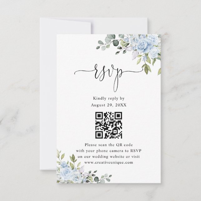 Soft Blue Botanical Wedding Website QR Code RSVP (Frente)