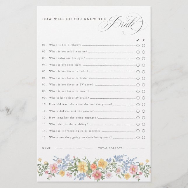 Soft Pastel Ornate Spring chic Bridal Shower Game (Frente)