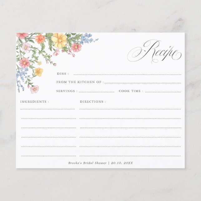 Soft pastel Wildflower Garden Bridal Shower Recipe (Frente)