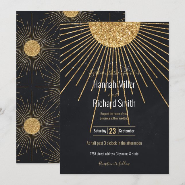 Sol brilhante Dourado preto moderno (Frente/Verso)