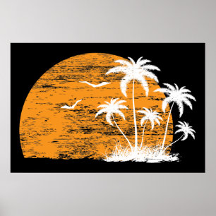 Sol tropical, palmeiras e aves poster impressão
