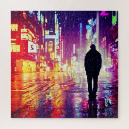 Solitário Cyberpunk No Quebra-cabeça Da Chuva