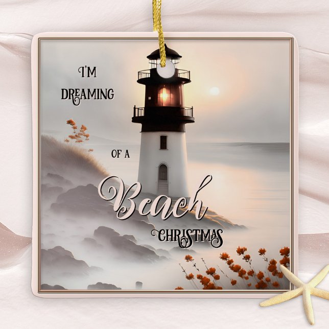 Sonhando com um Enfeites de natal de praia (Dreamy pink Christmas ornament featuring a painting of a lighthouse on the beach)