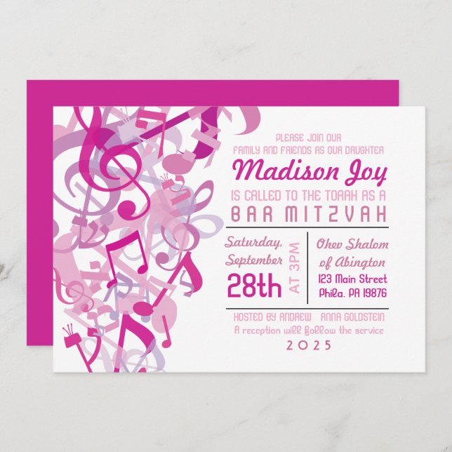 SONS DO Convite TORAH Pink Bat Mitzvah (Frente/Verso)