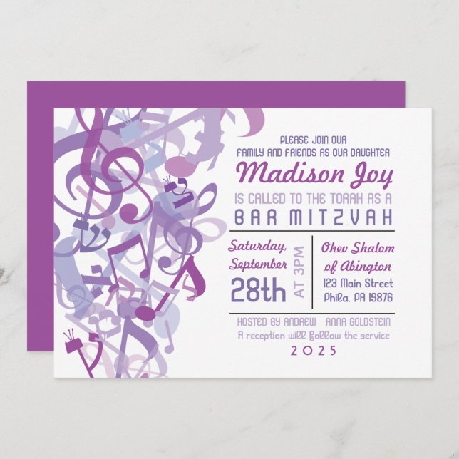 SONS DO Convite TORAH Purple Bat Mitzvah (Frente/Verso)