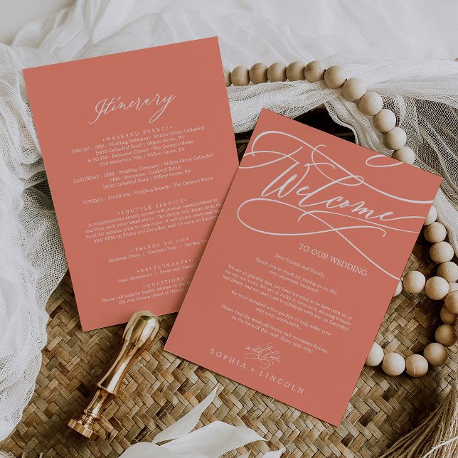 SOPHIA Bright Coral Wedding e Itinerário (SOPHIA Bright Coral Wedding Welcome and Itinerary Cards)