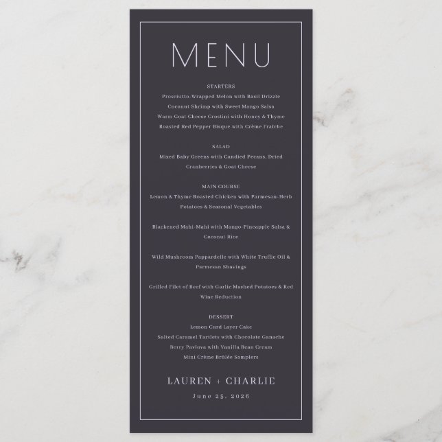 Sophisticated Charcoal Formal Menu (Frente)