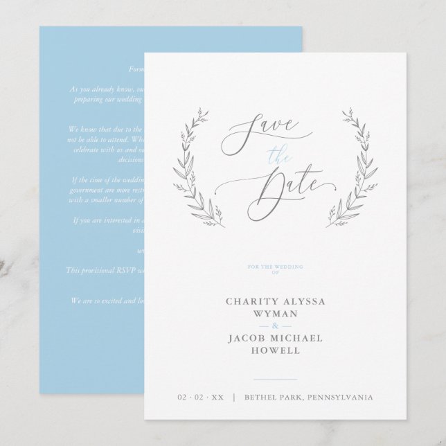 Sophisticated Classic Botanical Blue Grey Wedding (Frente/Verso)