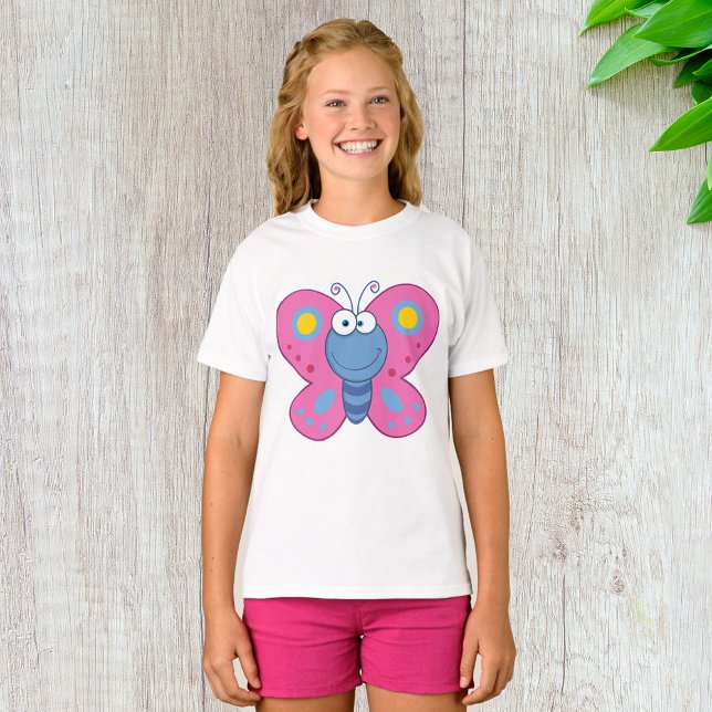 Sorrindo Borboleta Rosa Meninas T-Shirt (Criador carregado)