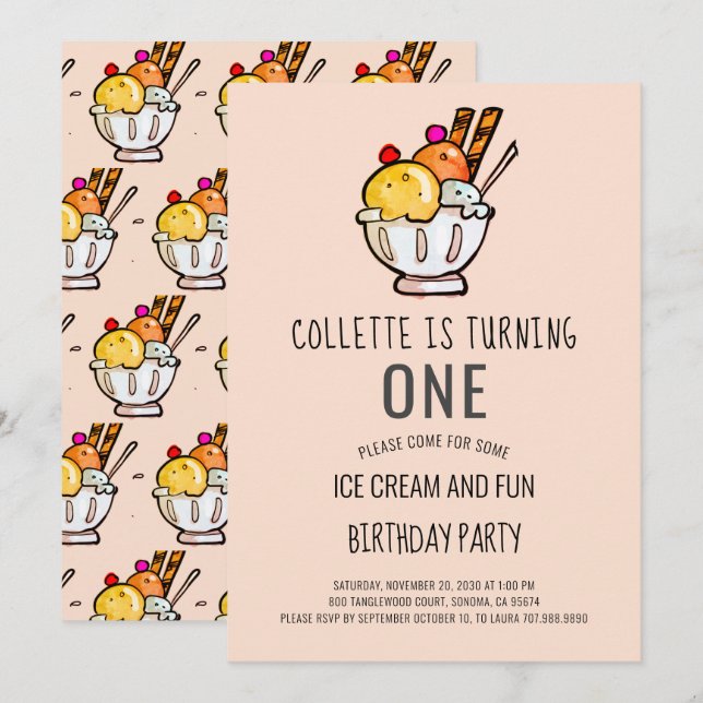 Sorvete Primeiro Convite de Aniversário (Frente/Verso)