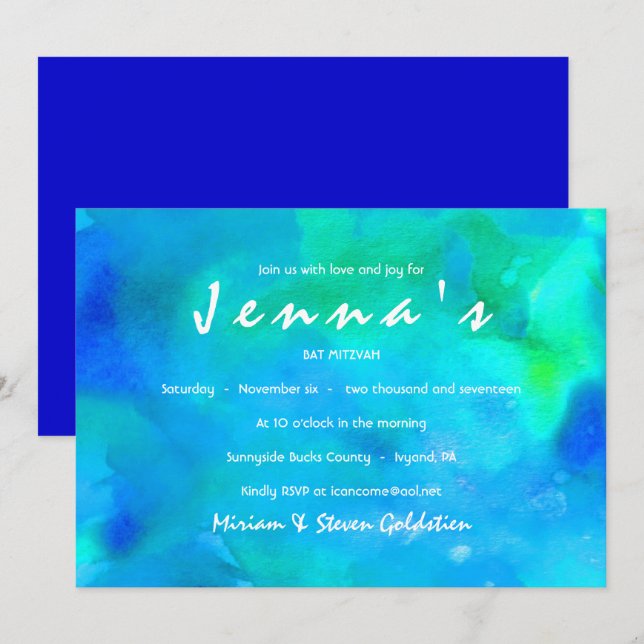 SOU AQUA WATERCOLOR Bat Mitzvah Convite (Frente/Verso)