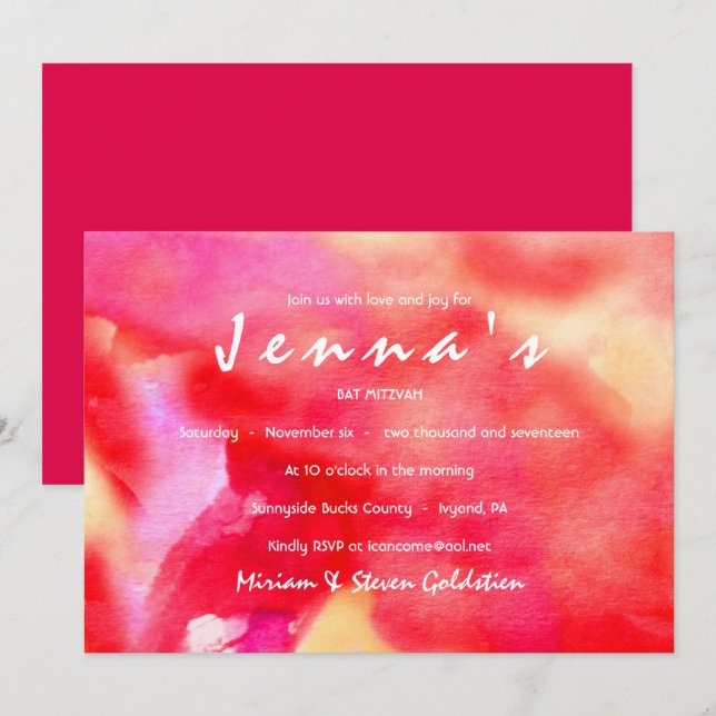 Sou Red WATERCOLOR Bat Mitzvah Convite (Frente/Verso)