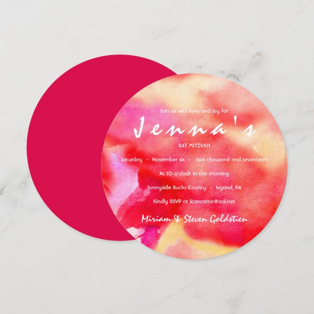Sou Red WATERCOLOR Bat Mitzvah Convite (Frente/Verso)