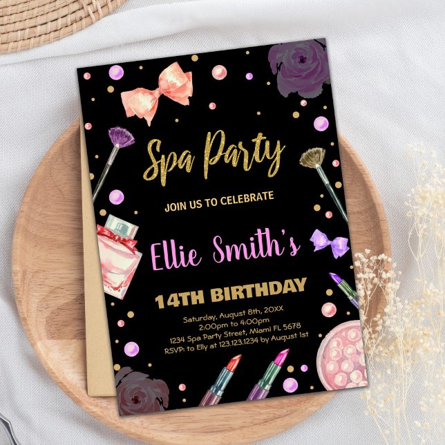 Spa Black Glitter Spa - Convites De Aniversário (Spa Black Glitter Spa Birthday Invitations)