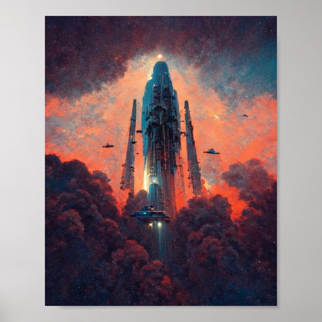 Spaceship Liftoff Sci-Fi Art Poster (Frente)