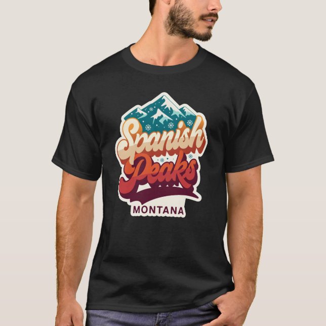 Spanish Peaks Montana Retro 70s Black T-Shirt | Vi (Frente)