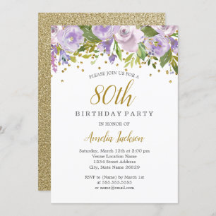 Sparkle Floral Purple 80 Birthday Convite
