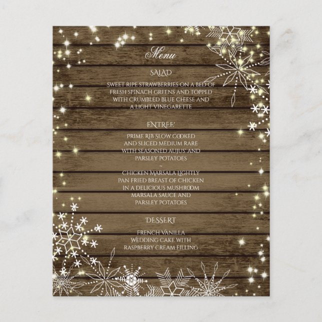 Sparkle Snowflakes e Barn Wood WedMenu (Frente)