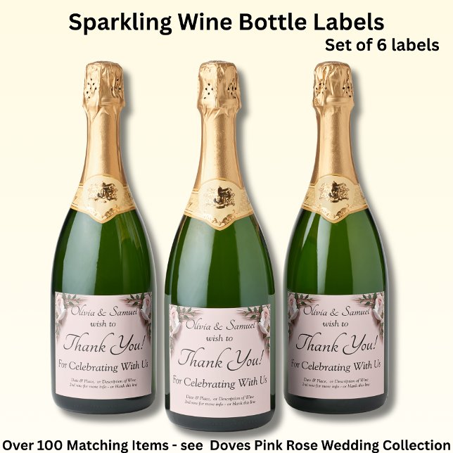 Sparkling Wine Bottle Labels, Pink Roses & Doves  (Criador carregado)