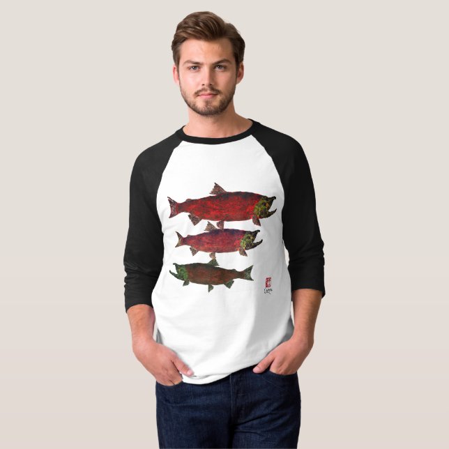 Spawning salmões - 3/4 de t-shirt do Raglan da (Frente Completa)