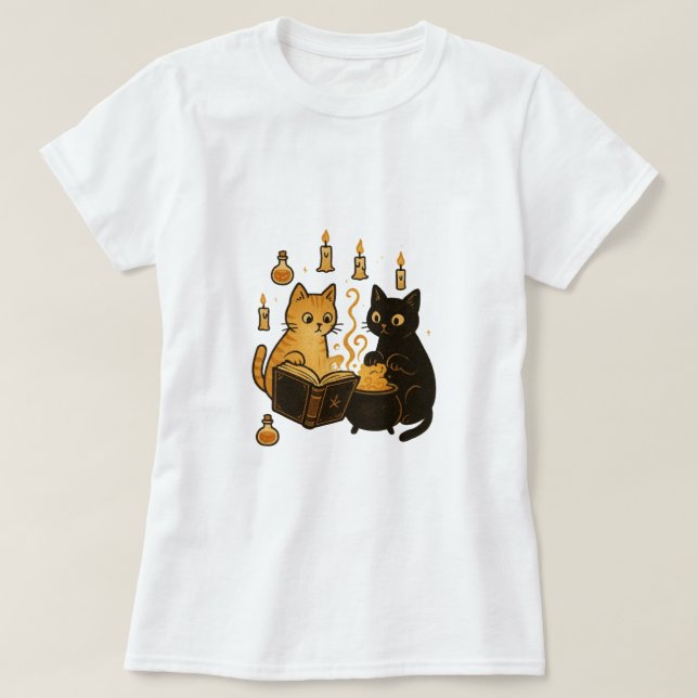 Spellbook & Cauldron Cats T-Shirt (Frente do Design)