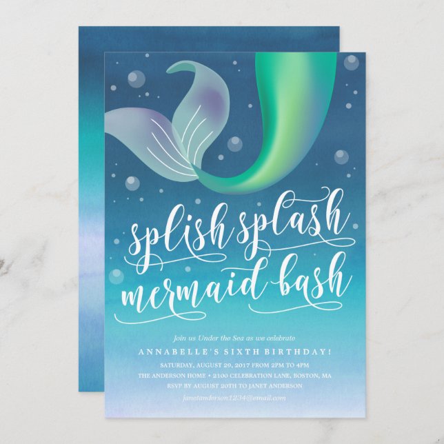 Splish Splash Smermaid Bash Convite de Aniversário (Frente/Verso)