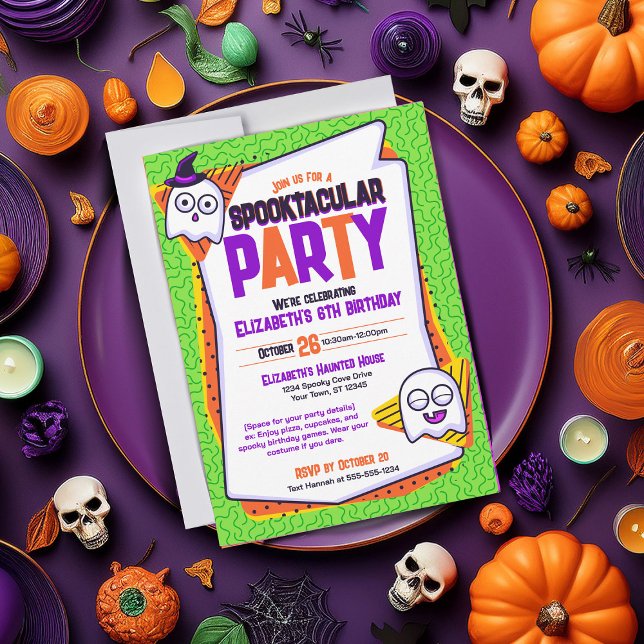 Spooktacular Fantasma Convite Verde de Aniversário (Spooky invites perfect for cute Halloween parties and birthdays. Green with ghost characters)