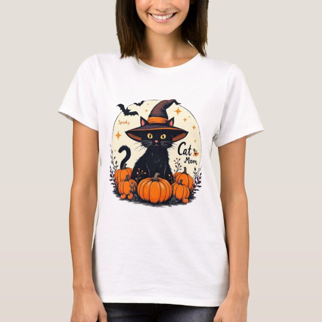 Spooky Cat Mom Halloween T-Shirt – Cute Black Cat  (Frente)