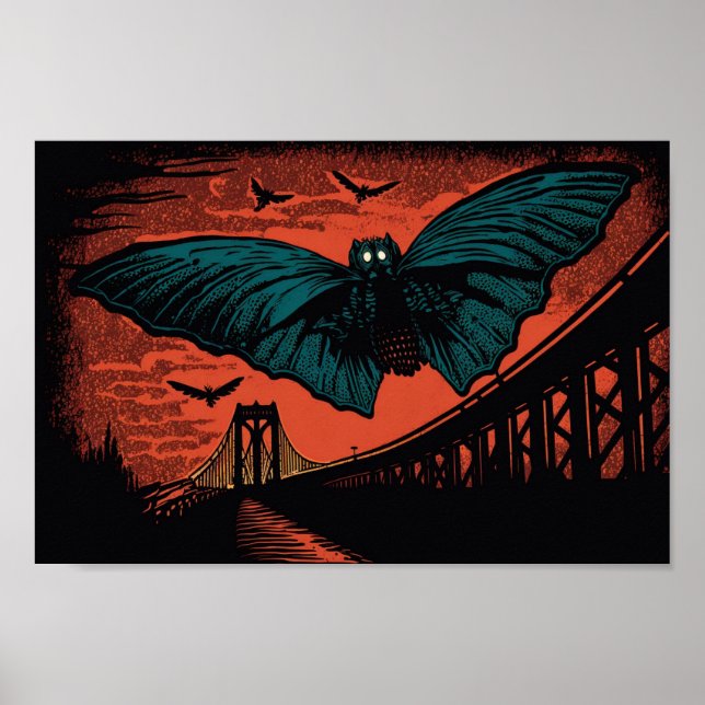 Spooky Mothman e Bridge Woodcut Art Impressão (Frente)