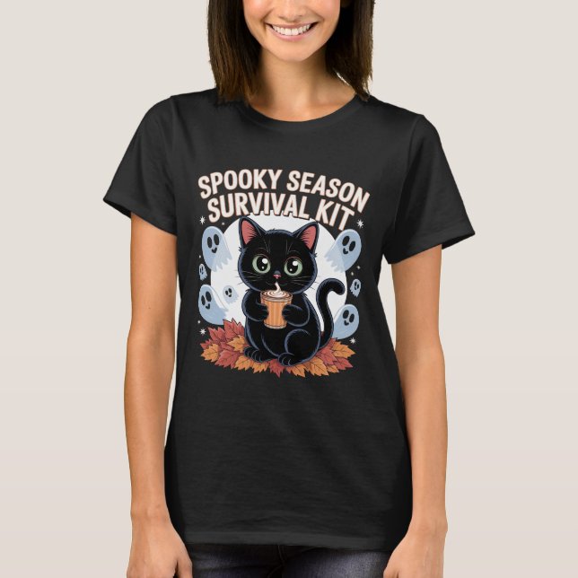 Spooky Season Survival Kit Cute Black Cat T-Shirt  (Frente)