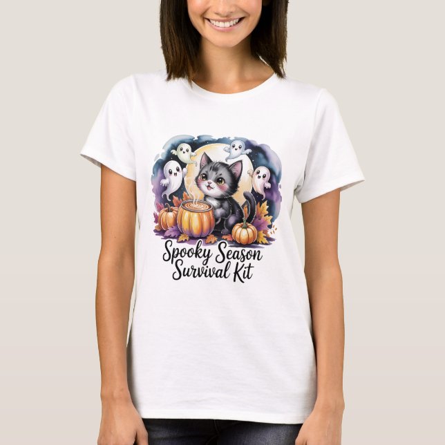 Spooky Season Survival Kit Cute Cat Ghost T-Shirt  (Frente)