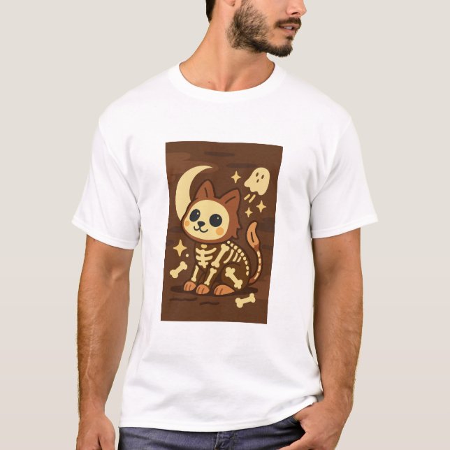 Spooky Skeleton Cat and Ghost T-Shirt (Frente)