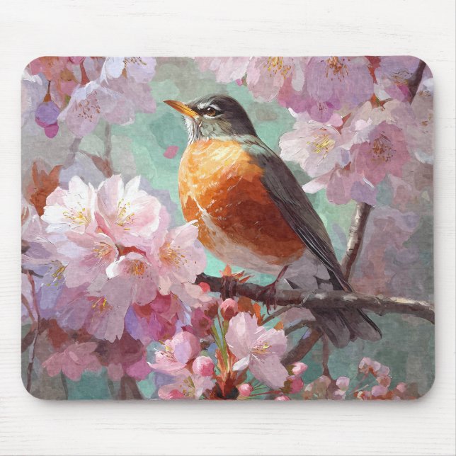 Spring Robin Pink Cherry Blossom Mousepad (Frente)