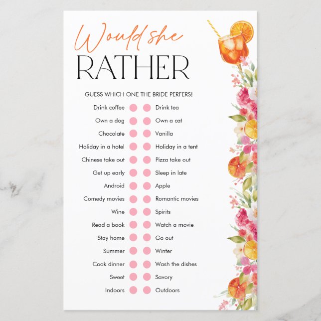 Spritz Bridal Shower Games Would She Rather (Frente)
