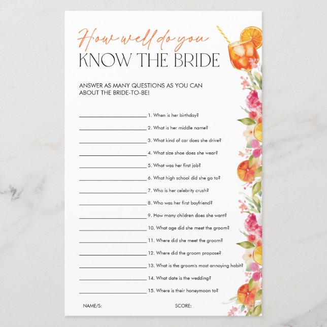 Spritz Citrus Bridal Shower Games Know the Bride (Frente)
