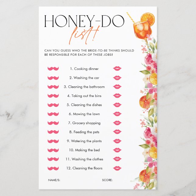 Spritz Citrus Honey Do List Bridal Shower Game (Frente)