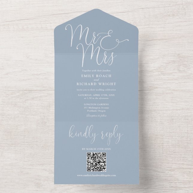 Sr e Sra Moderno Código QR Poeira Azul Casamento (Inside)