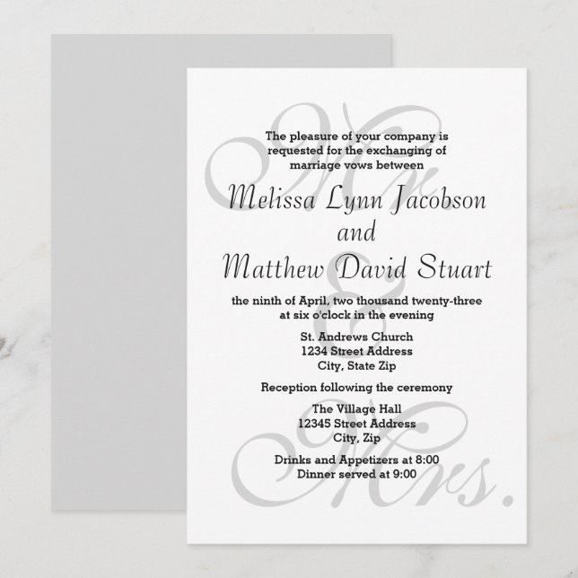 Sr. & Sra. - Convite para Casamento e Recepção (Frente/Verso)