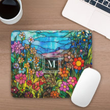 Stained Glass Colorful Floral Monogram Mousepad