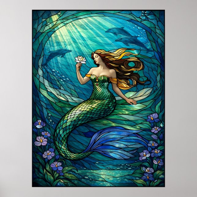 Stained Glass Mermaid Wall Art Poster (Frente)
